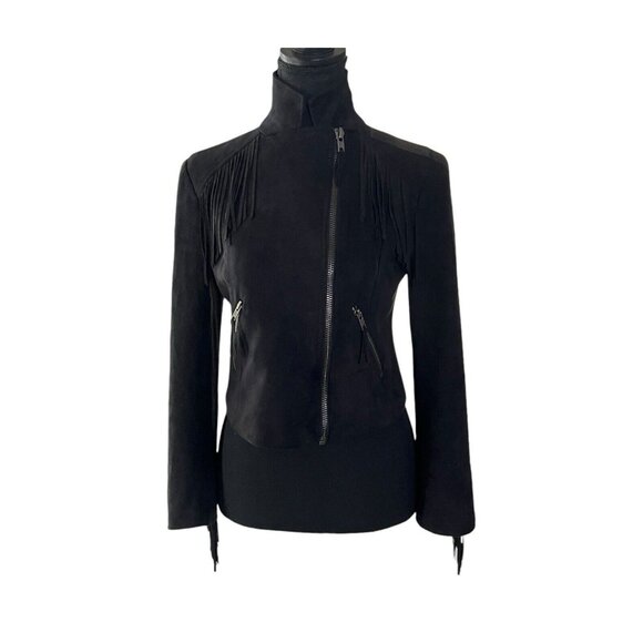 Mural Women's Fringed Faux Suede Cropped Black Moto Jacket Size Small - Picture 2 of 8